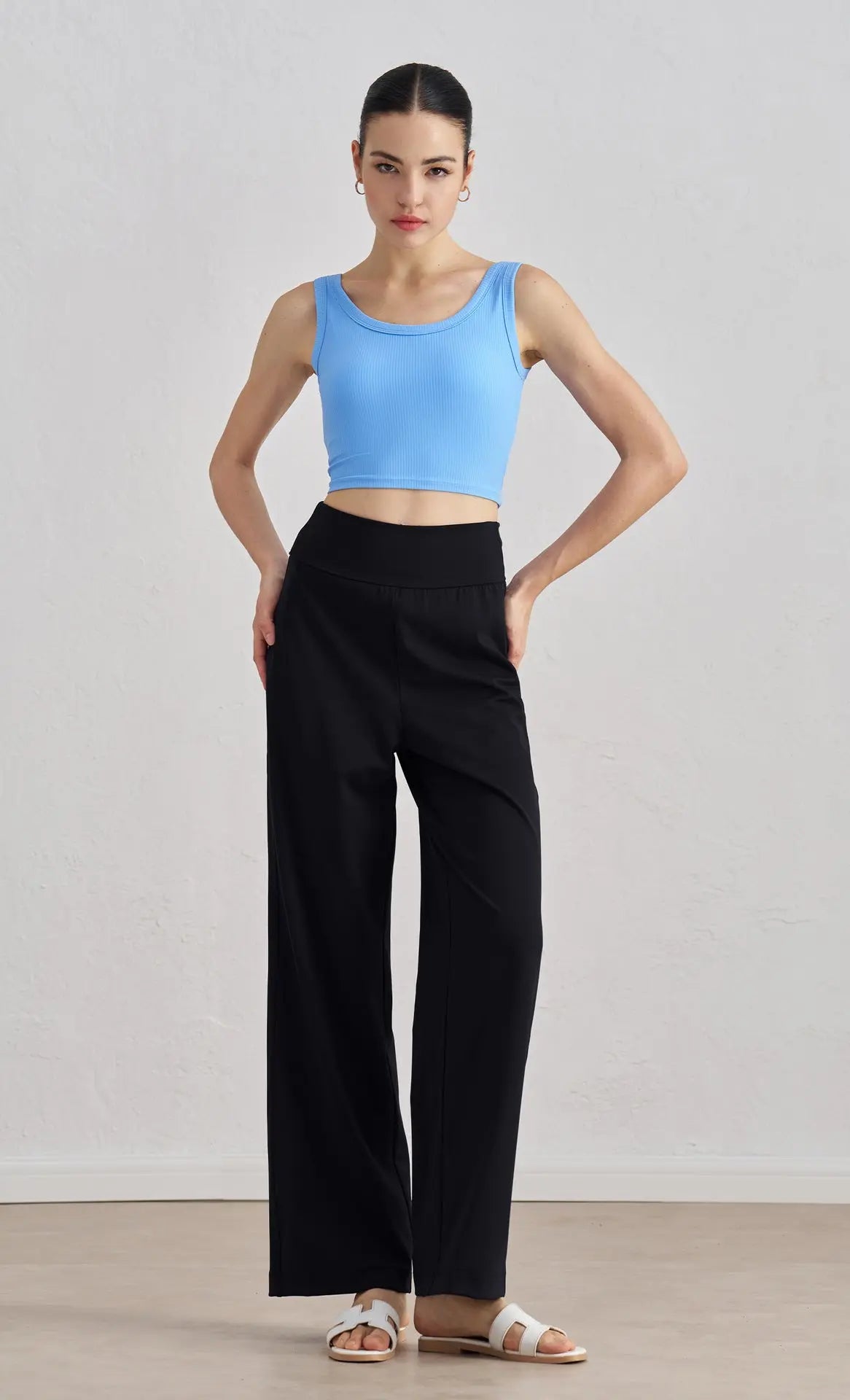 LuxeShine High-Waist Flare Pants - Opelle motion